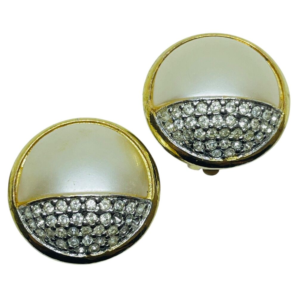 Vintage CAROLEE signed gold faux pearl rhinestone designer clip on earrings
